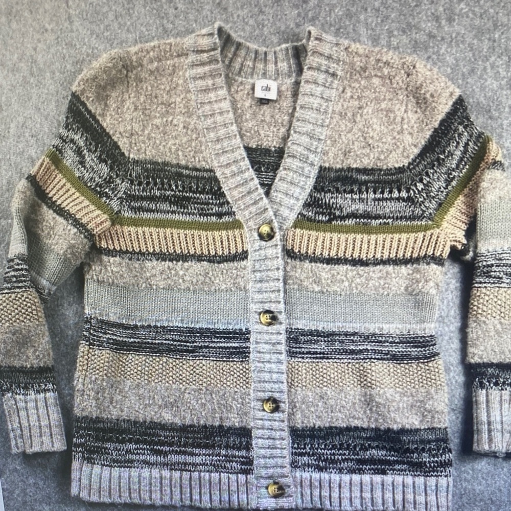CAbi Neutral Striped Button-Front Cardigan with Olive Accents